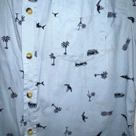 San Francisco Work Shirts Button Up Hawaiian Mens S Slim Fit Blue VW Bus Shark - Picture 4 of 6